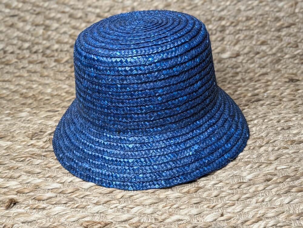Women's Natural Blue Bucket Hat Woven Fabric One Size Sun Beach Vacation